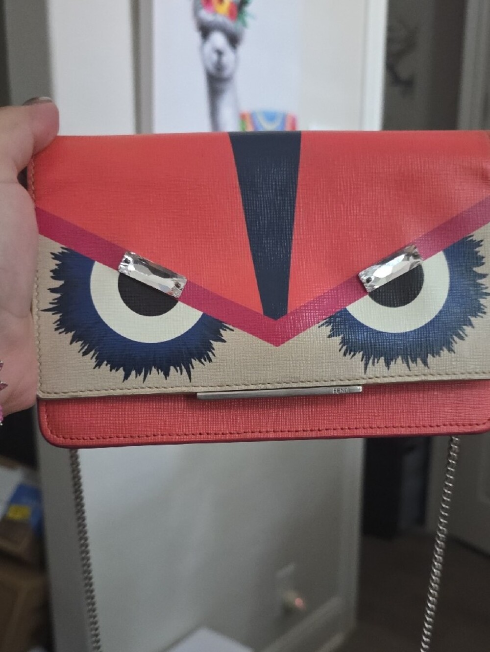 Fendi Red and Beige Monster With Crystal Eyes Wallet On Chain